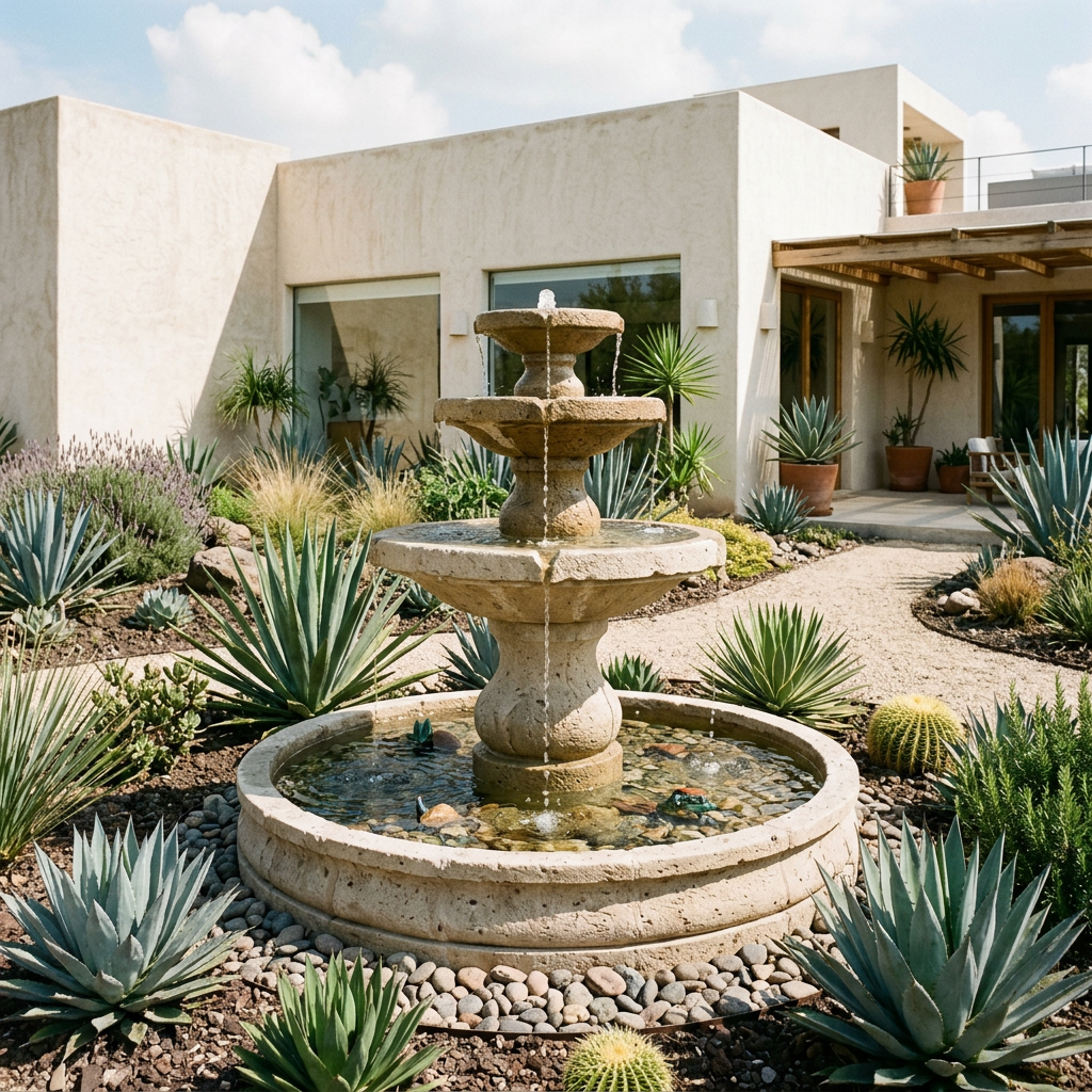 Three-tiered stone fountain in a desert garden courtyard with agave plants and modern beige building